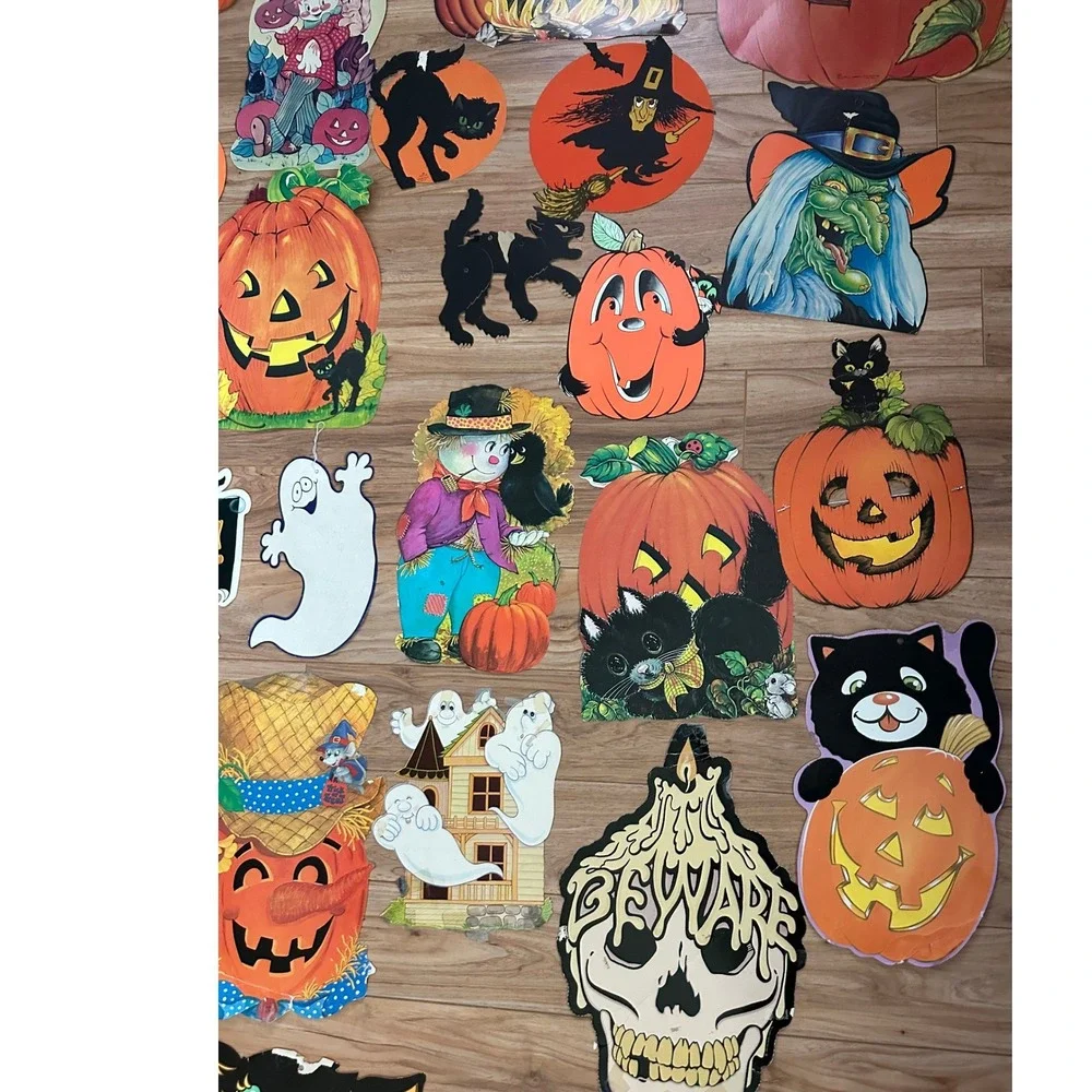 Vintage 30 Halloween Die Cut Paper Decorations Lot Witches Ghosts Cats Pumpkins